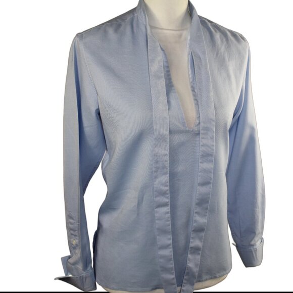 Valentino S.p.A Soft Powder Blue Chambray Long Sleeve Bow Blouse, Size 4 - Picture 6 of 10
